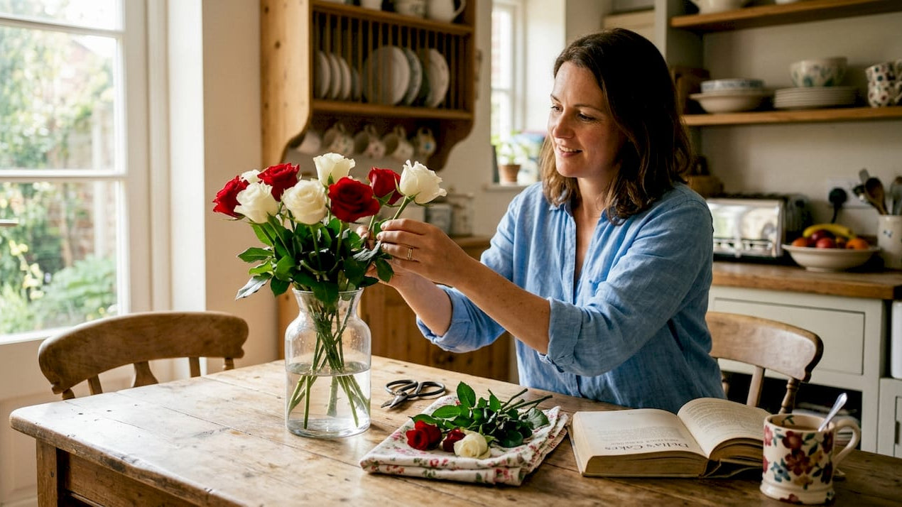 Woman arranging roses in sunlit kitchen