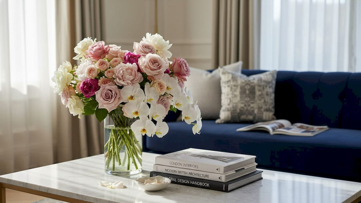 Luxury flower arrangement in elegant living room