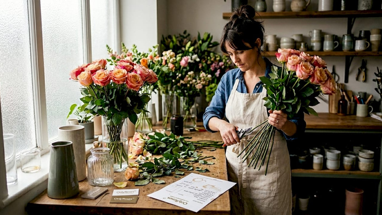 Florist arranging premium roses on counter