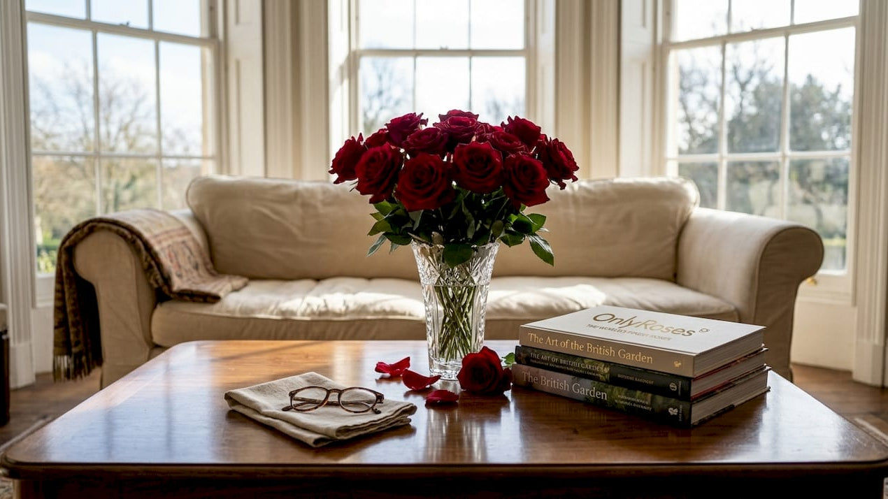 Vase of red roses in elegant living room