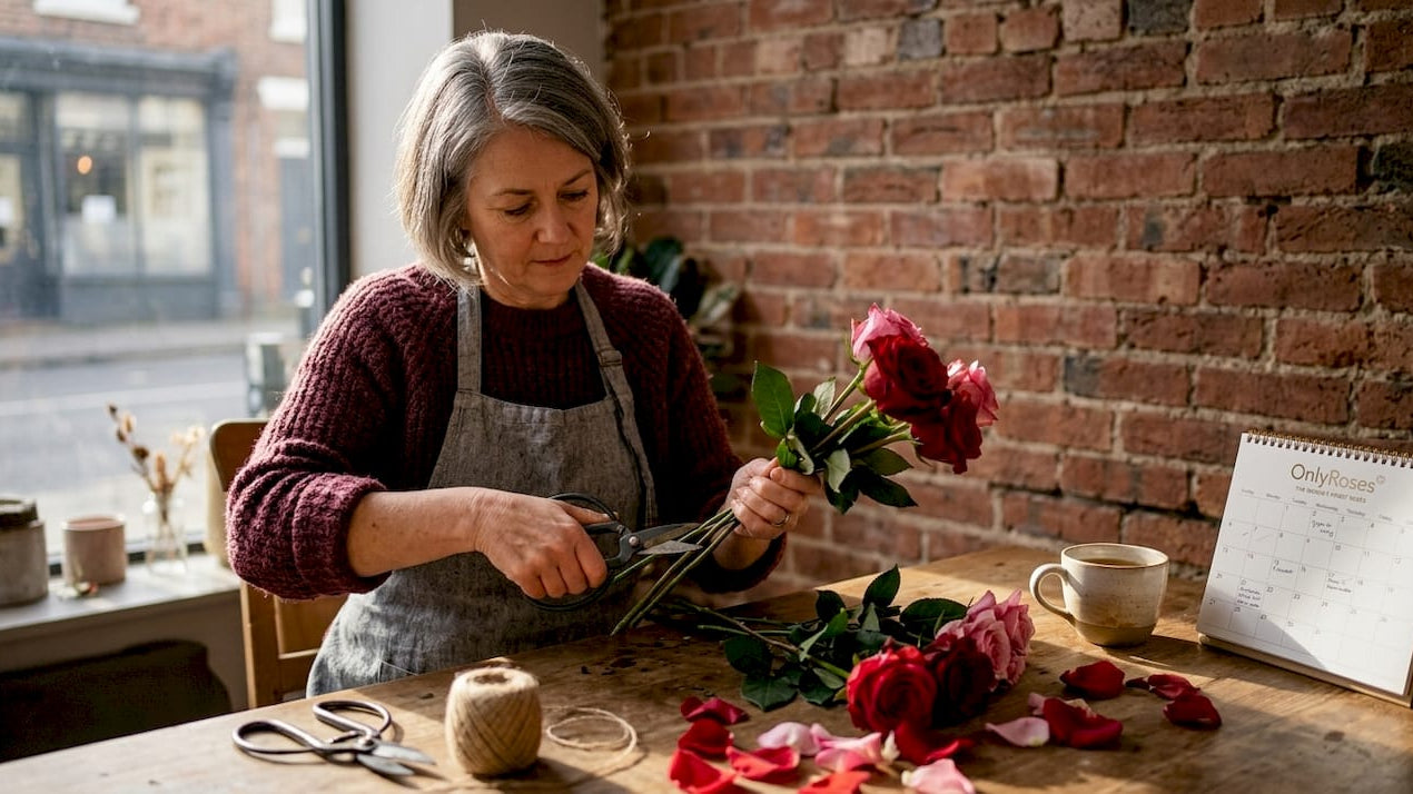 Florist trimming luxury roses in studio
