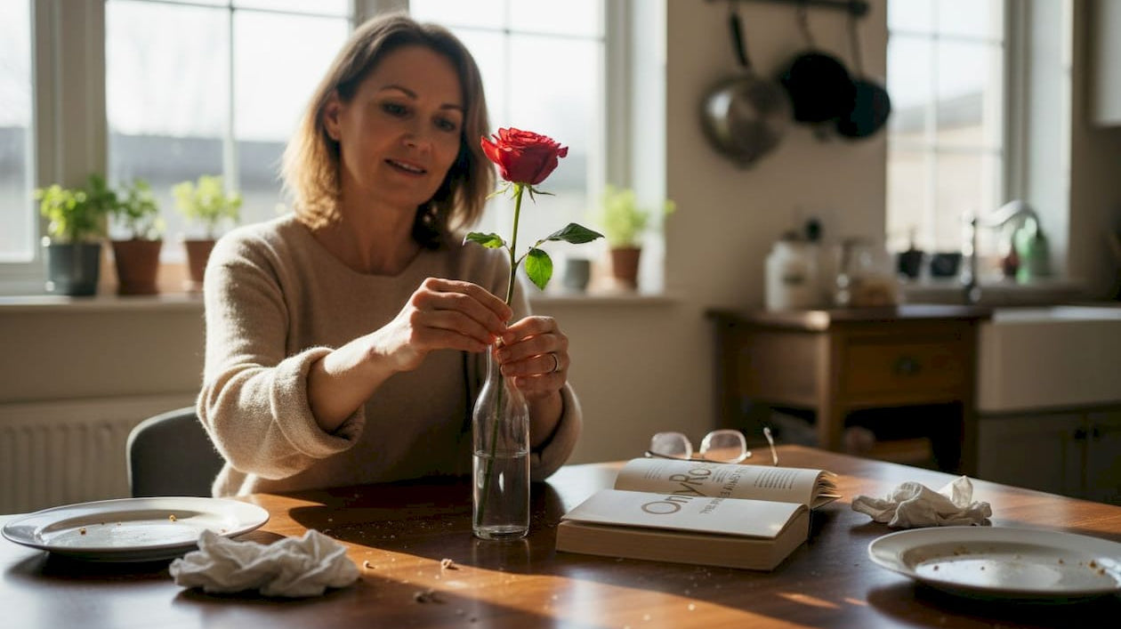 Woman arranging rose in sunlit kitchen