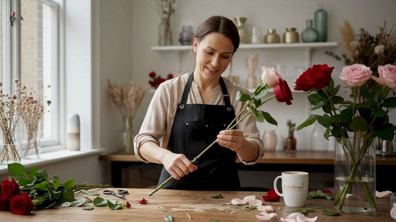 Florist preparing luxury rose arrangement
