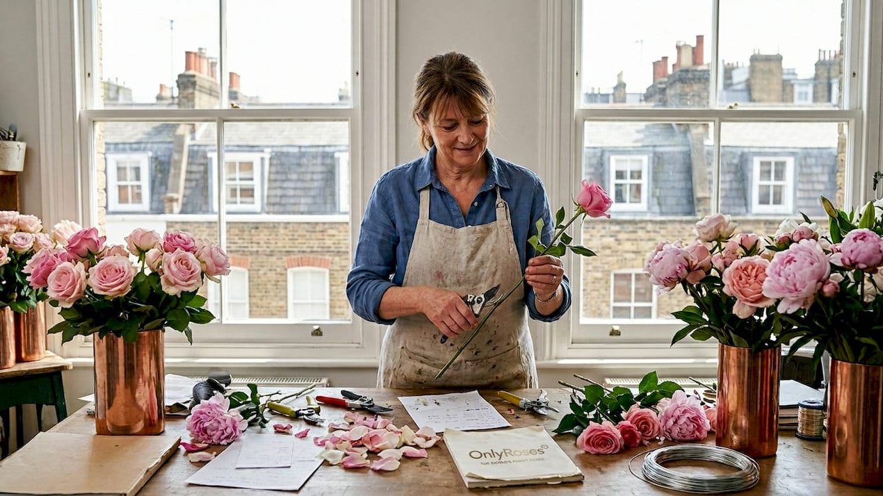 Florist preparing luxury bouquet in London studio