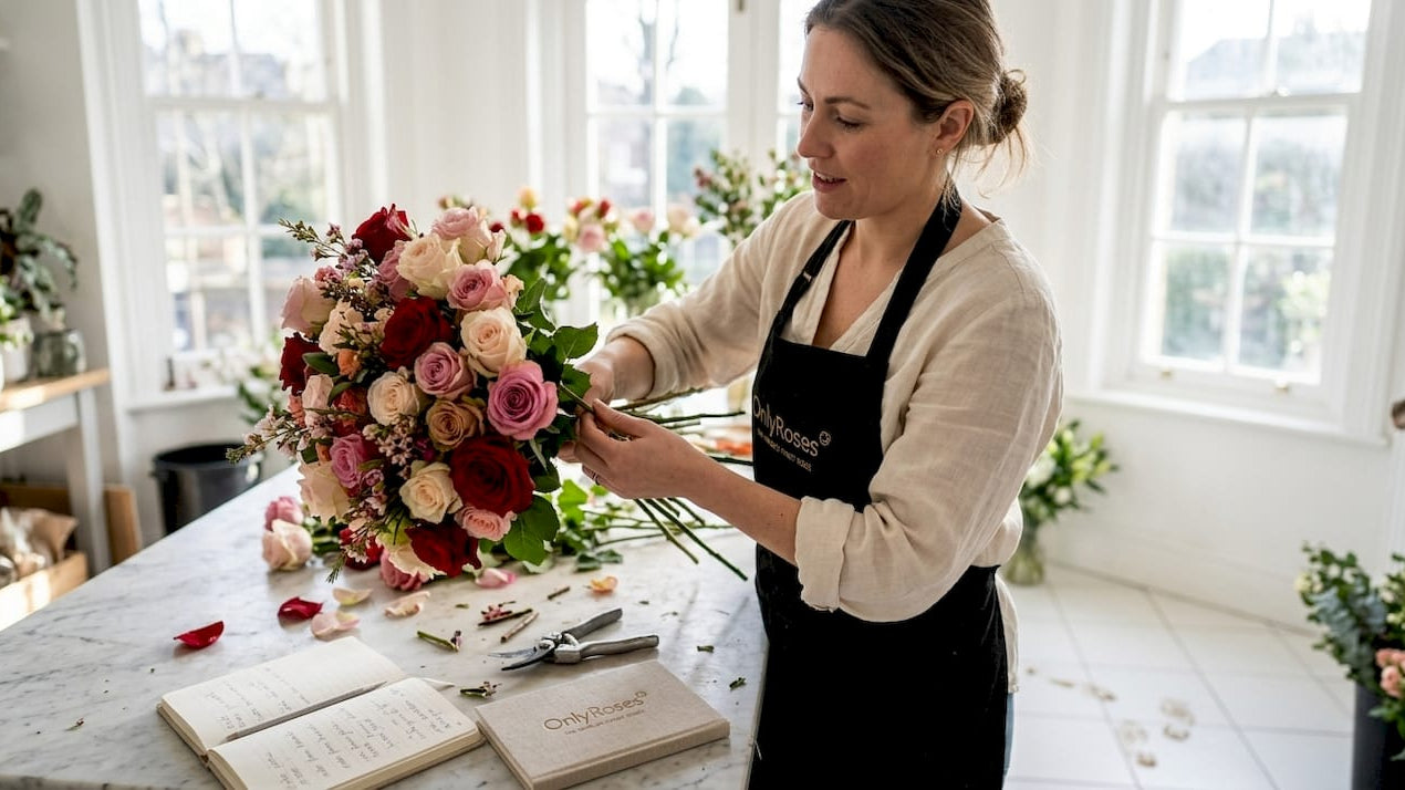 Florist inspecting luxury rose bouquet in studio