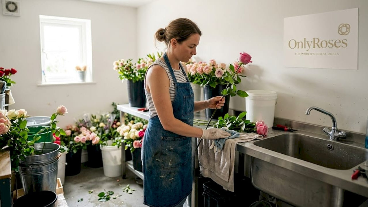 Florist preparing and hydrating fresh roses