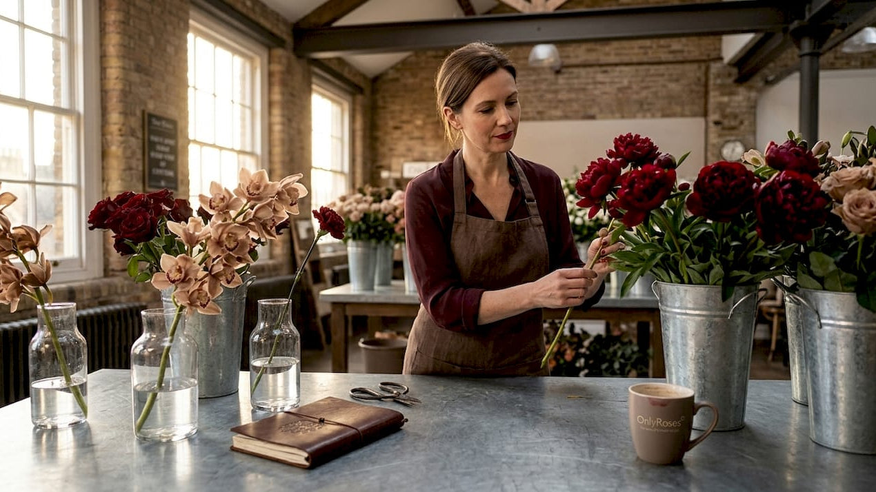 Florist choosing flowers in studio workspace