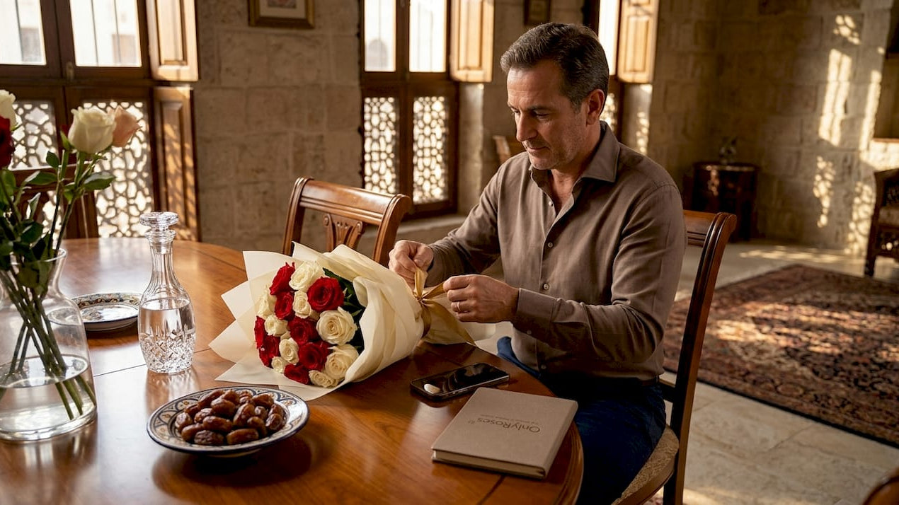Man preparing roses gift in elegant home