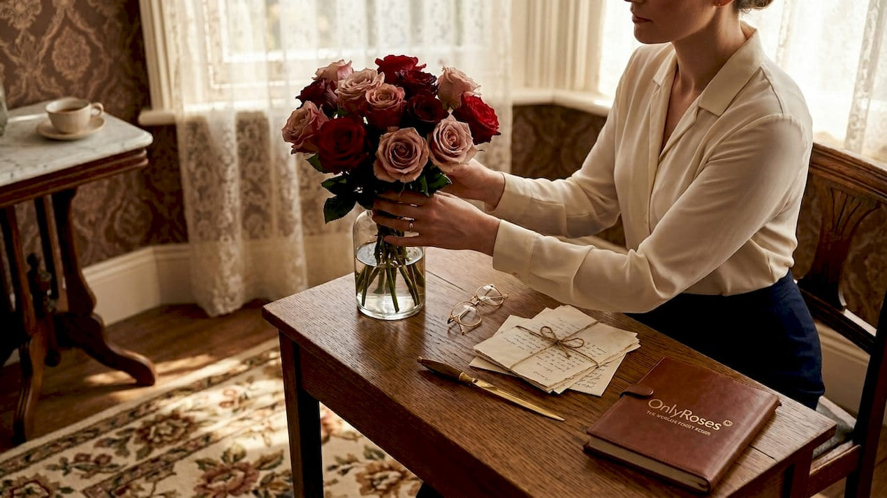 Woman arranging roses at Victorian writing desk