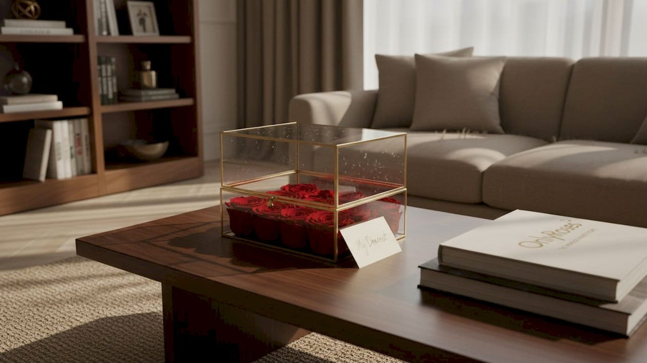 Rose keepsake box with preserved roses on table