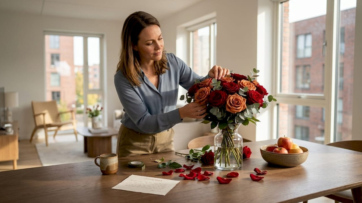 Woman arranging mixed-colour roses in sunlight