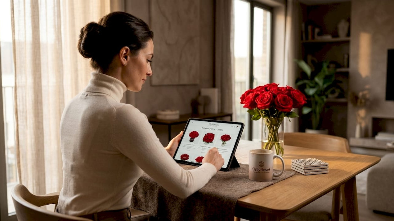 Woman browsing roses online at kitchen table