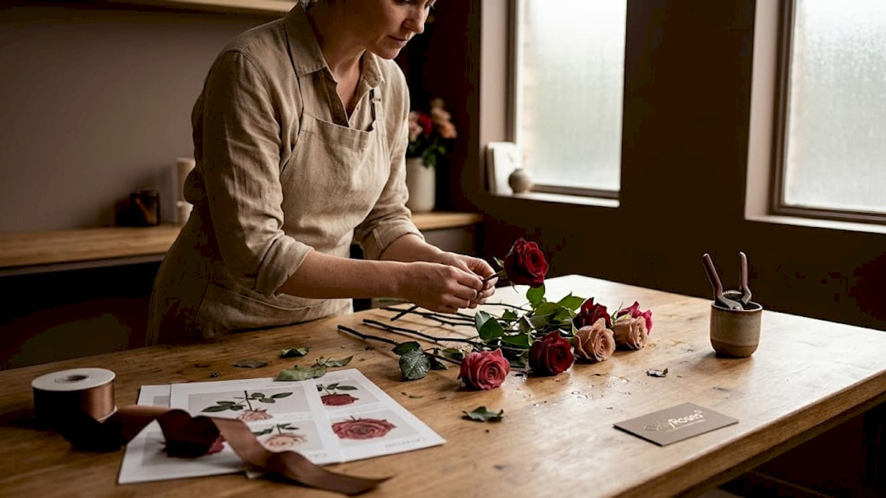 Florist preparing luxury custom rose bouquet