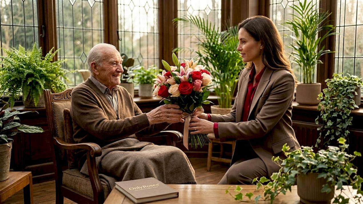 Woman gifting flowers in bright living room