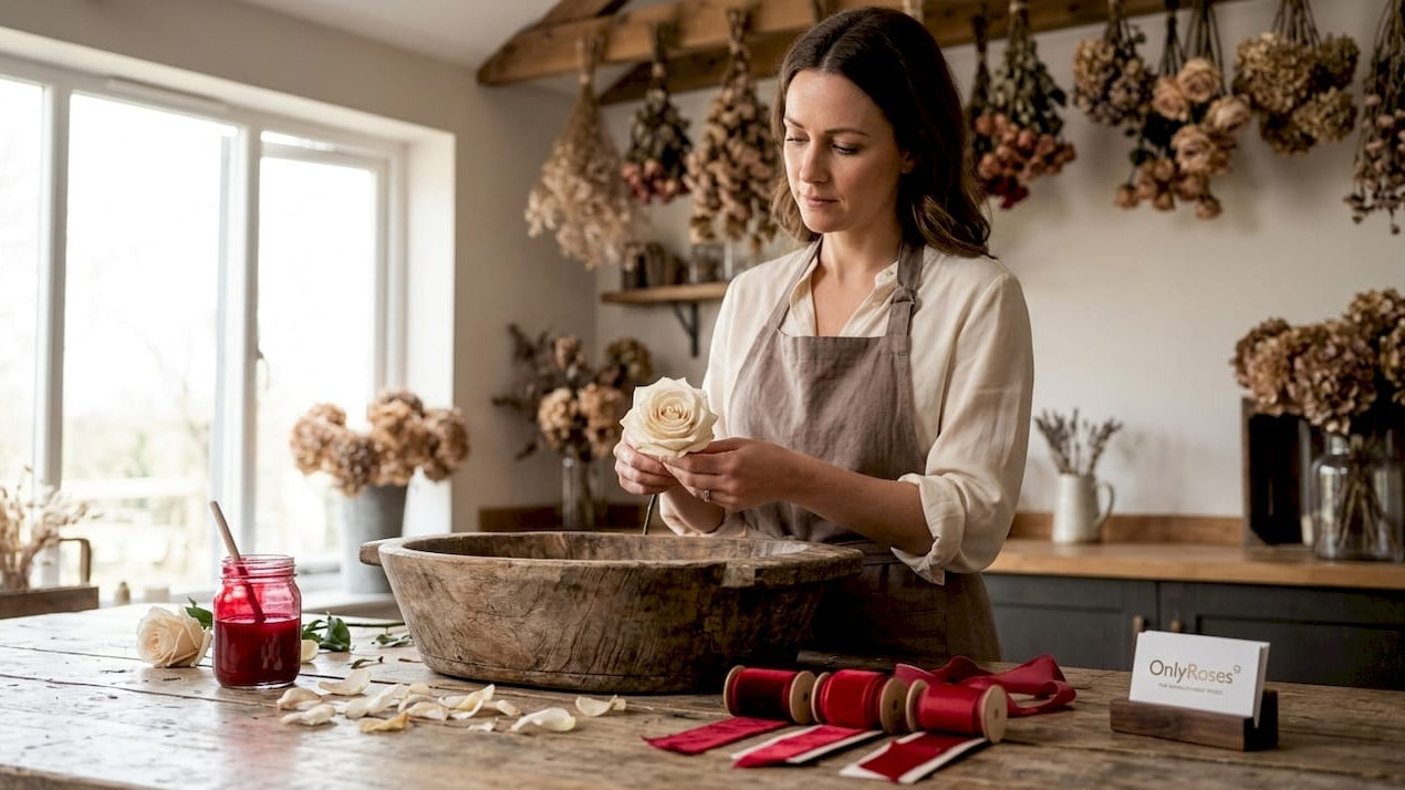 Florist customising rose in bright workspace