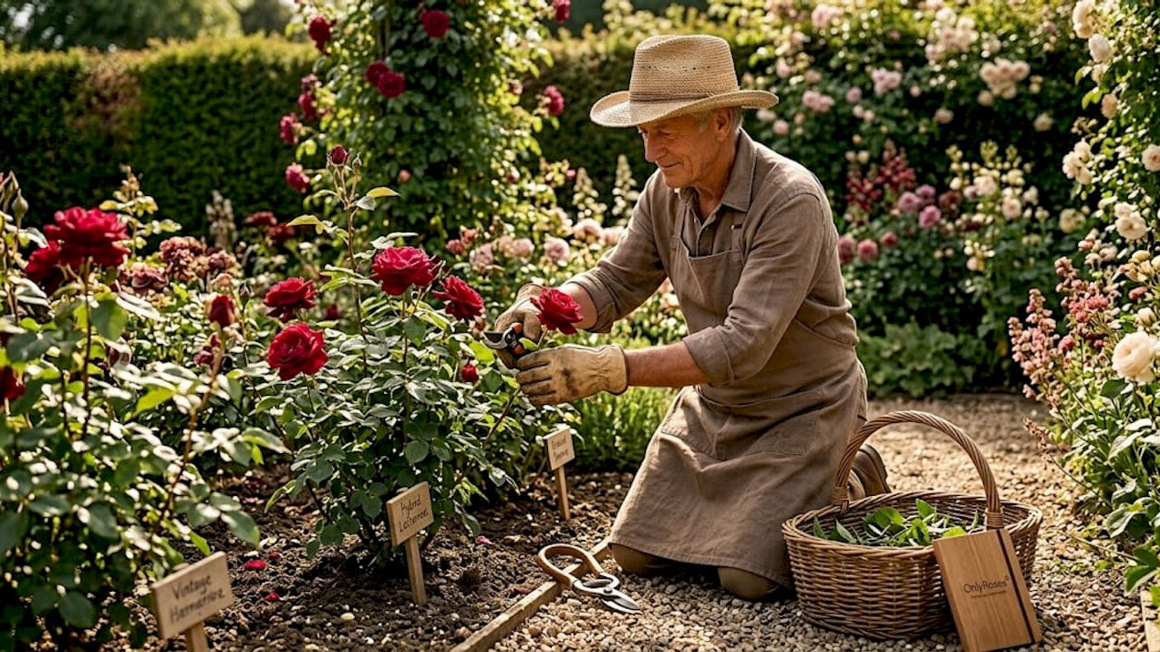 Gardener tending hybrid tea rose bushes