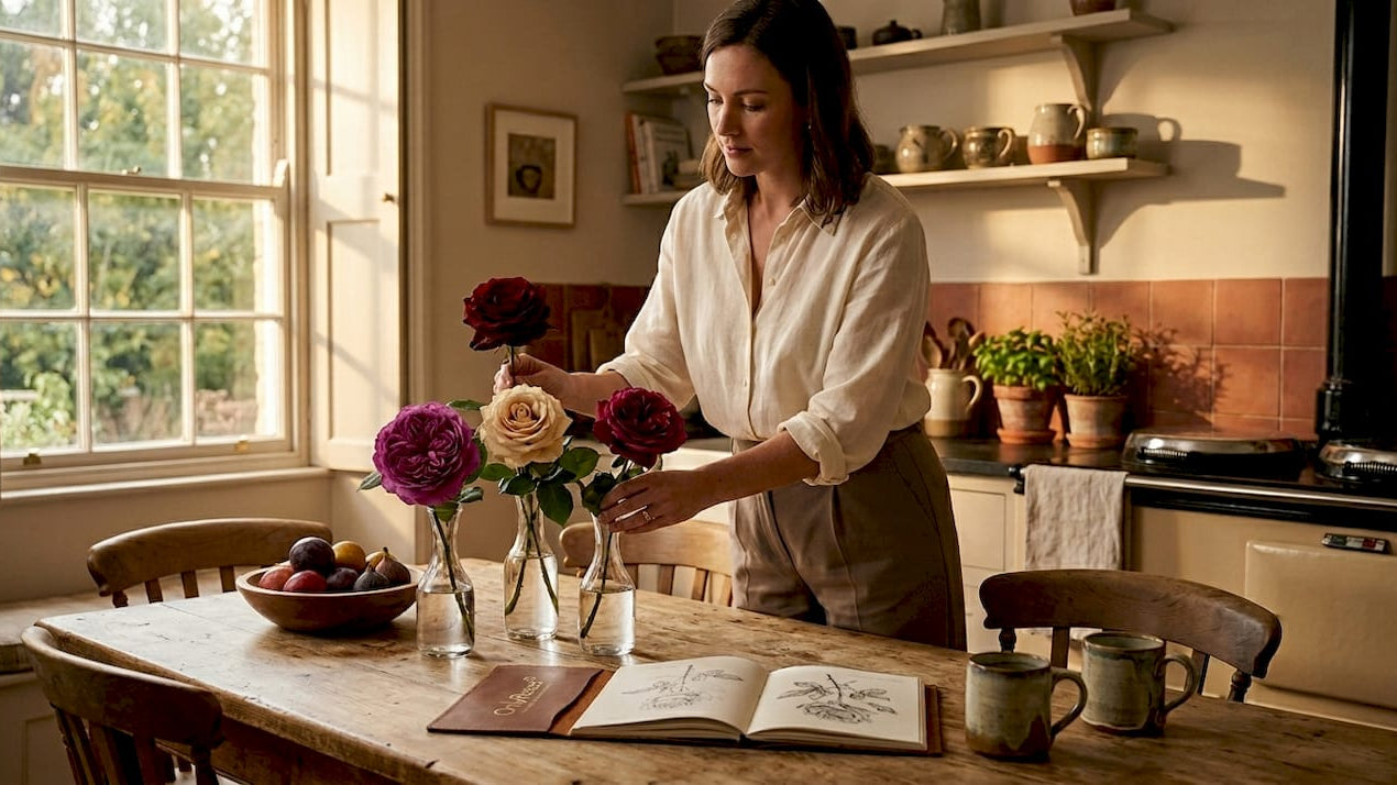 Woman arranging colorful roses for home decor