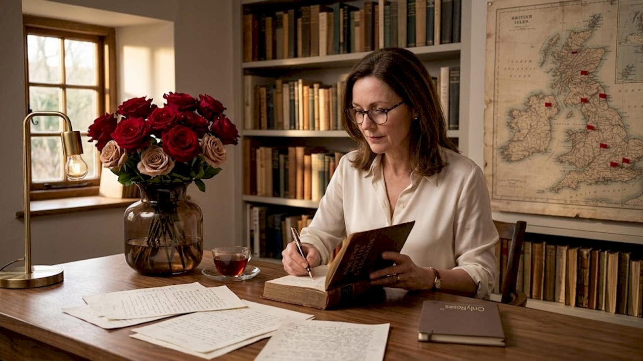 Historian annotates book with roses nearby