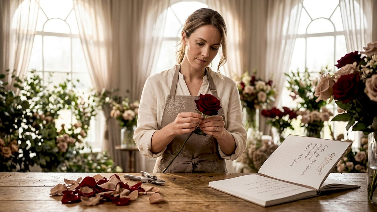 Florist inspecting luxury rose in boutique workspace