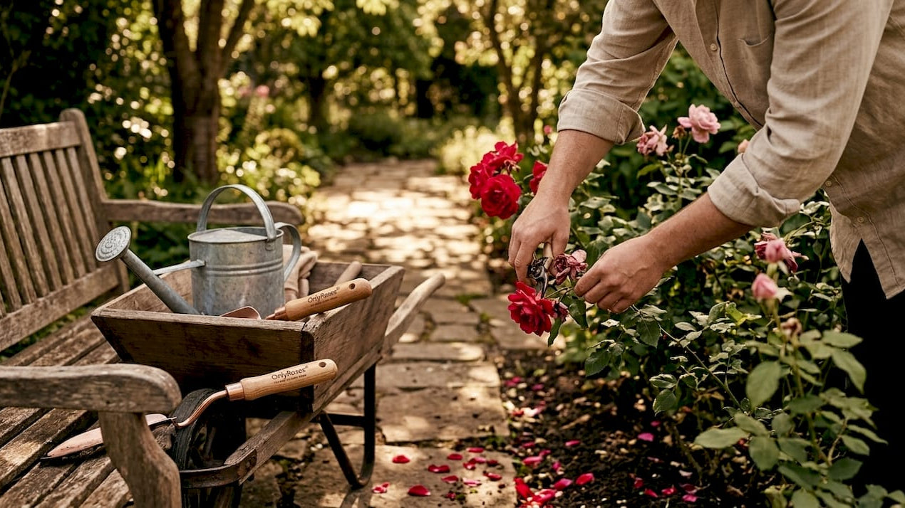 Gardener pruning vibrant blooming roses