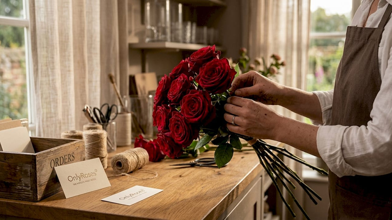 Deep red roses in florist's hands