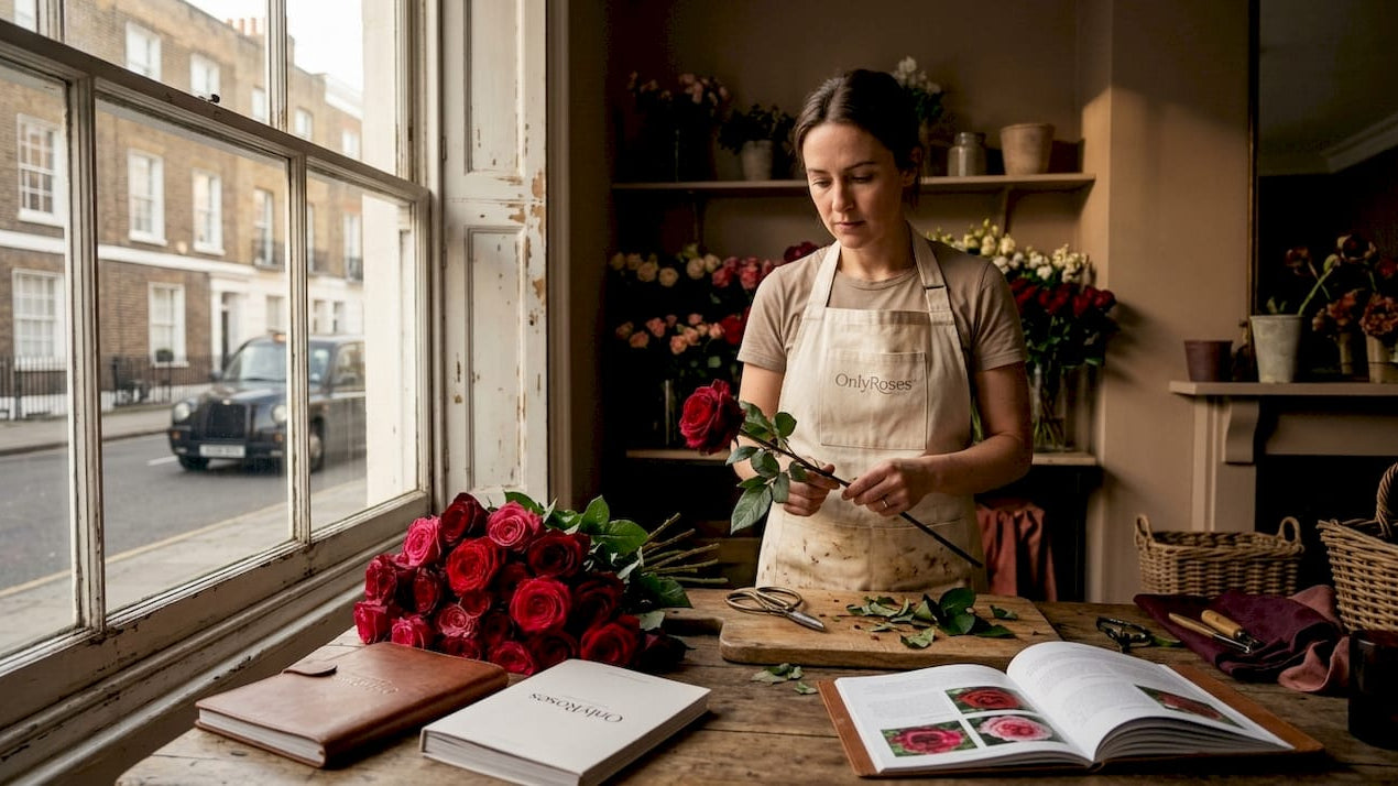 Florist arranging premium rose bouquet