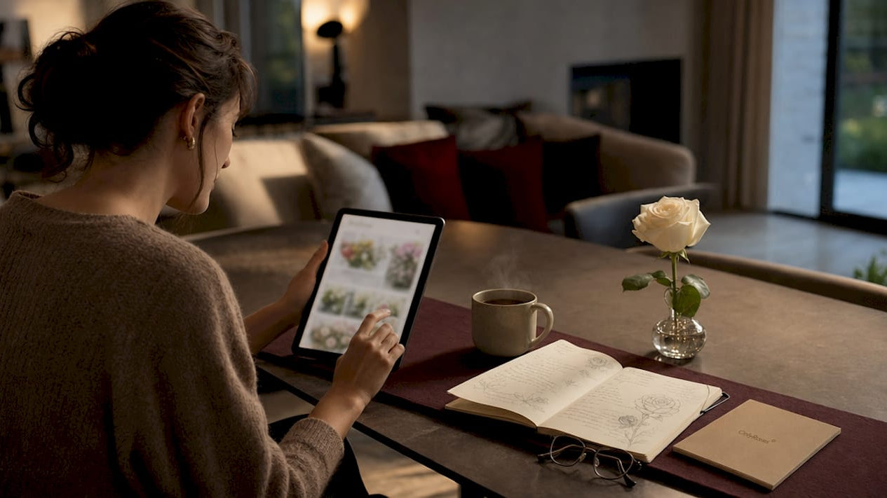 Woman selecting roses for delivery online