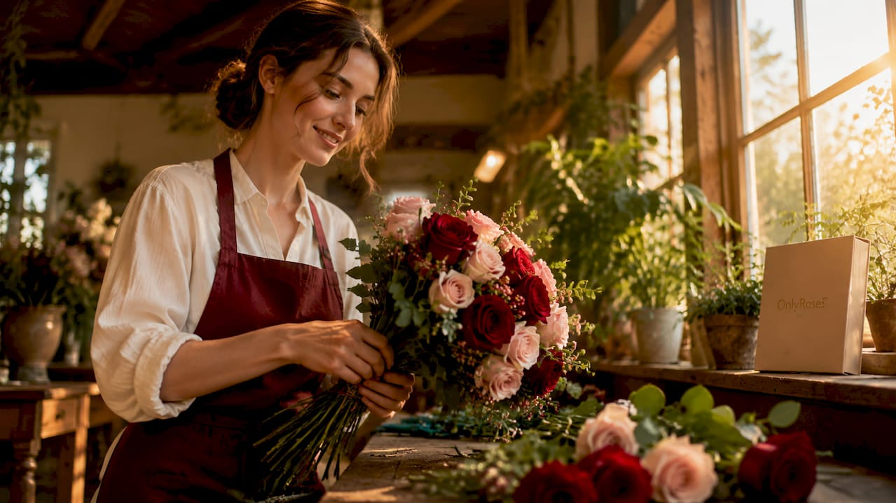 Florist arranging elegant rose bouquet indoors