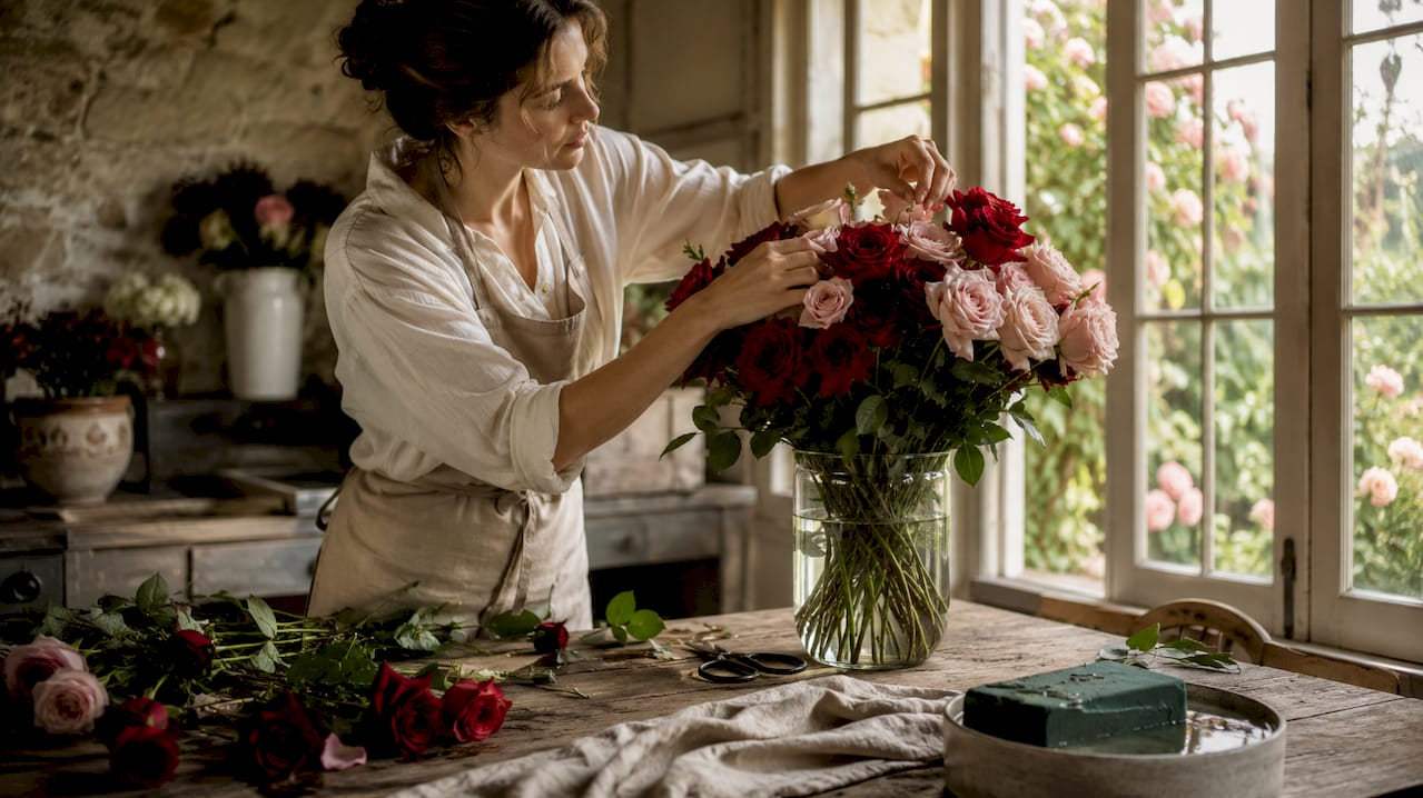 Florist arranging rose centerpiece indoors