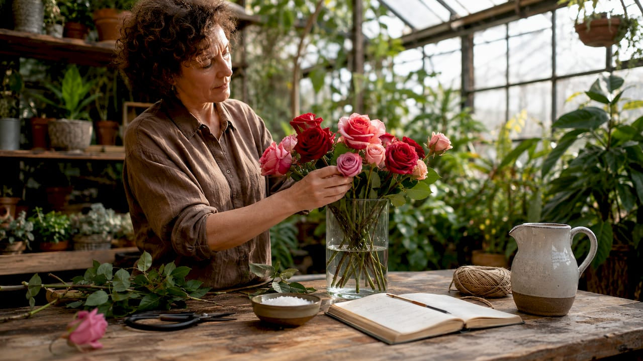 Woman arranging roses on wooden table