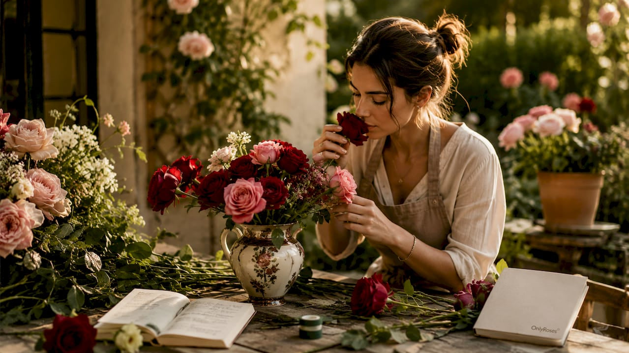 Florist arranging roses and smelling blooms
