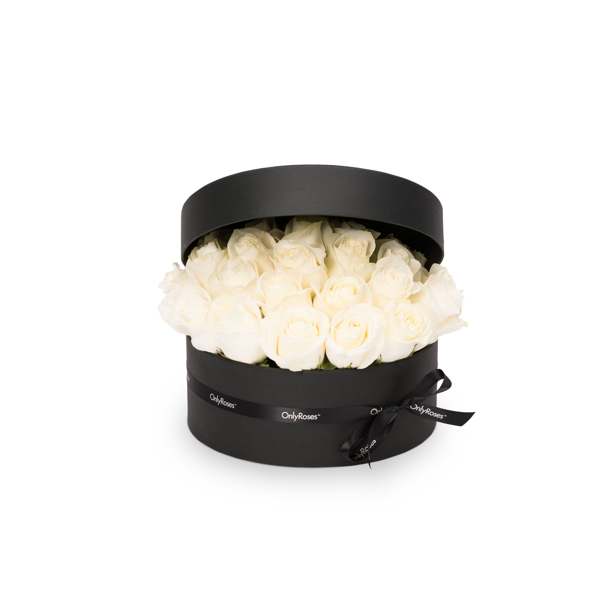 Black round box with white flowers on a white background