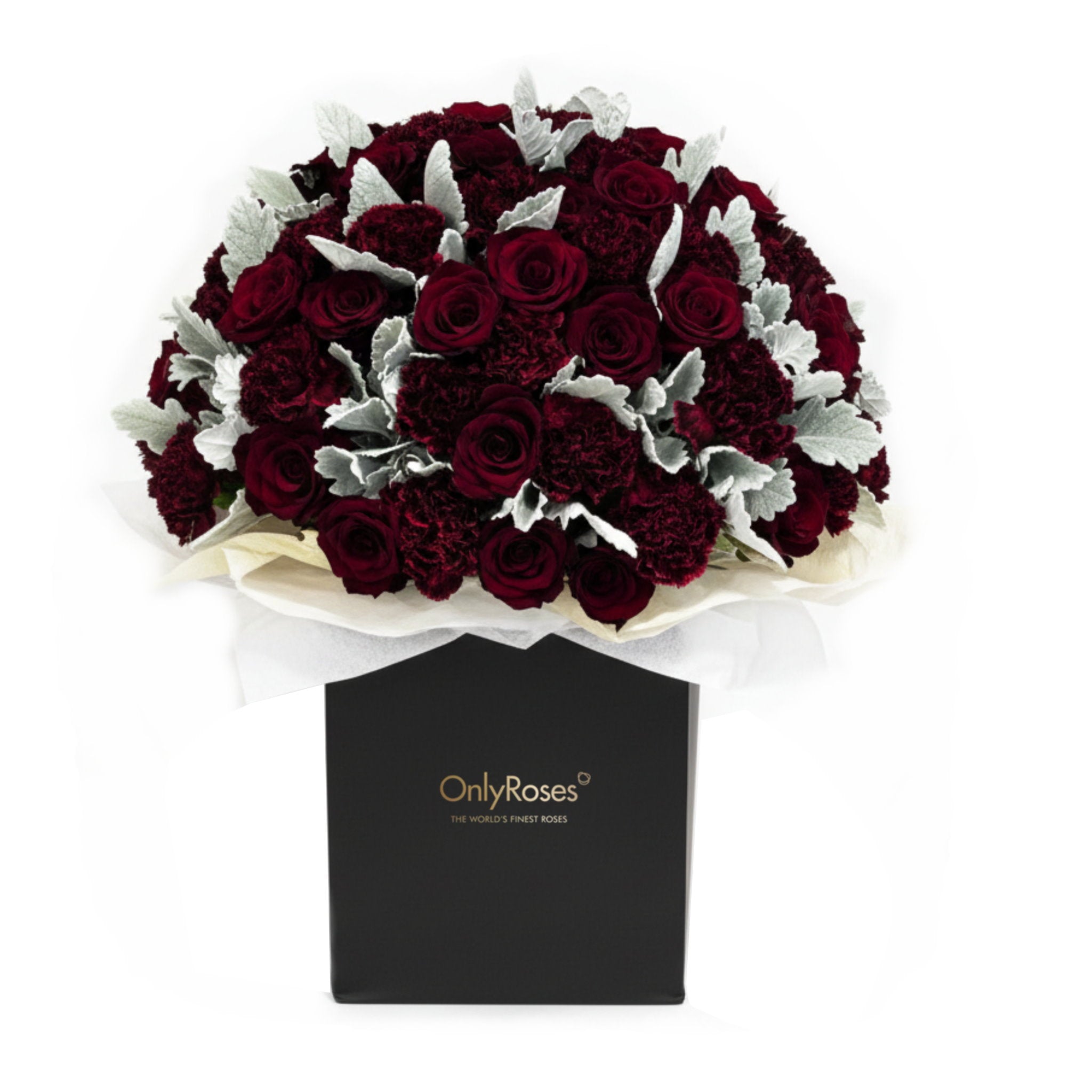 Bouquet of red roses and white flowers in a black box with 'Only Roses' branding on a white background.