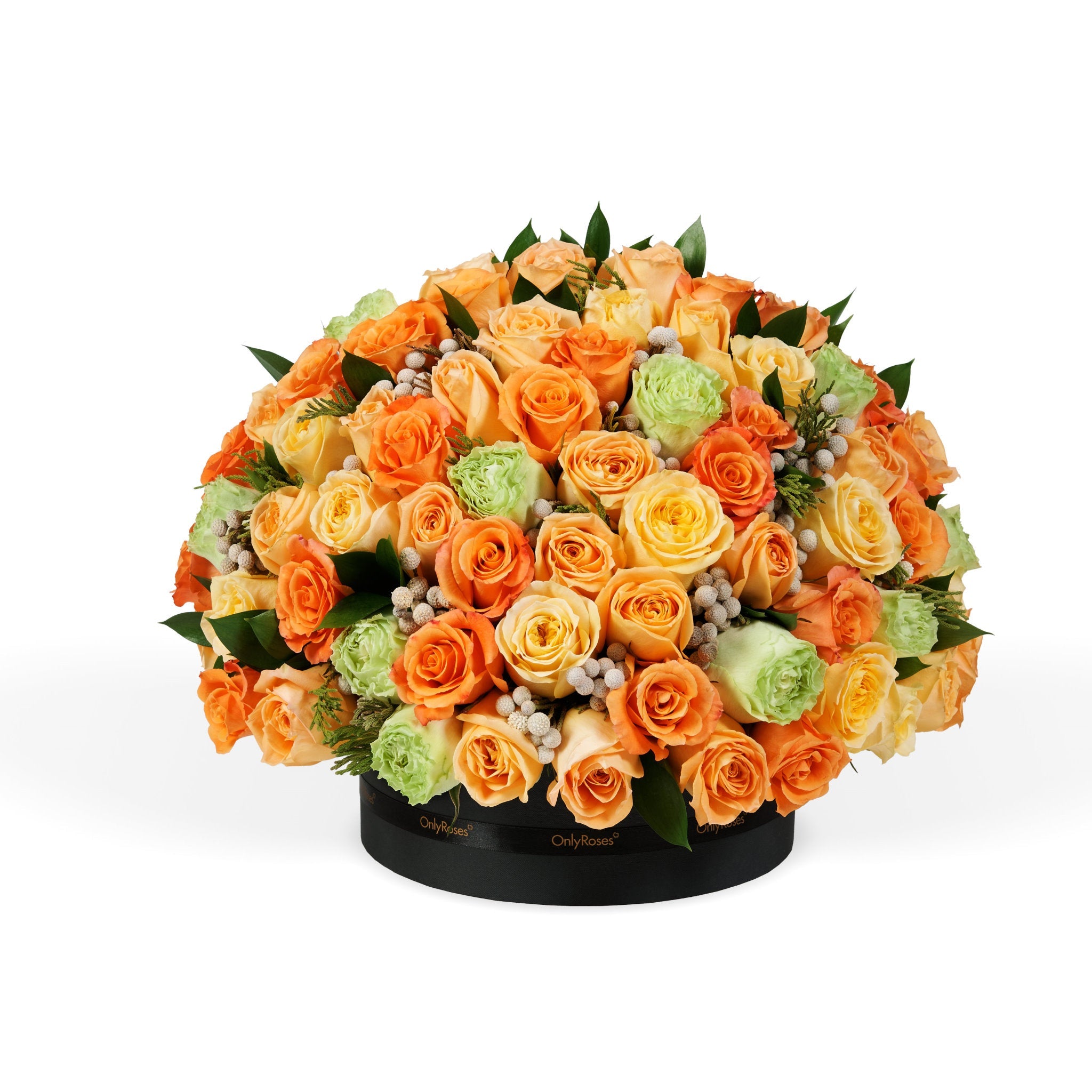 Bouquet of orange, yellow, and green roses in a black box on a white background