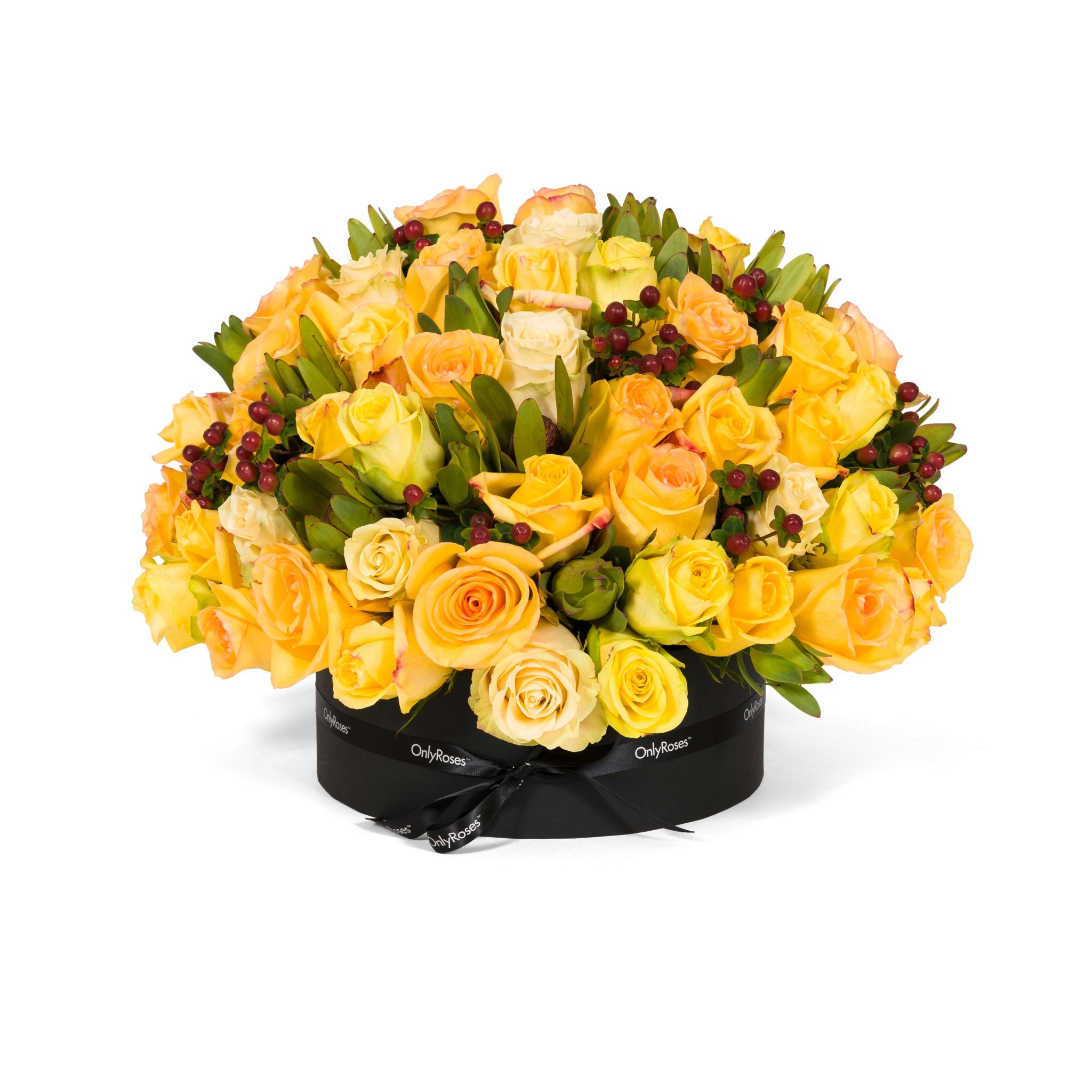 Bouquet of yellow roses with green leaves and red berries in a black box on a white background