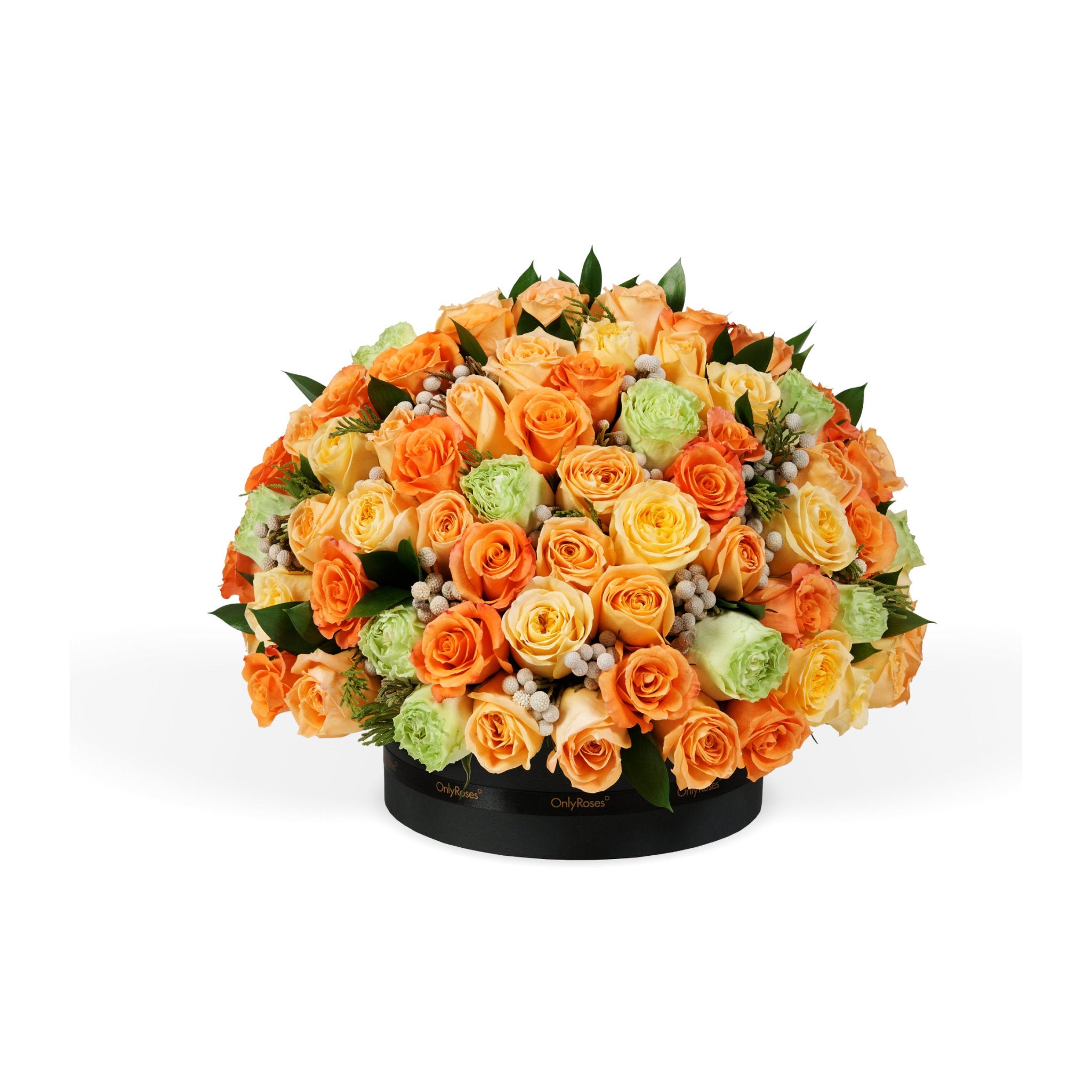 Bouquet of orange, yellow, and green flowers in a black container on a white background