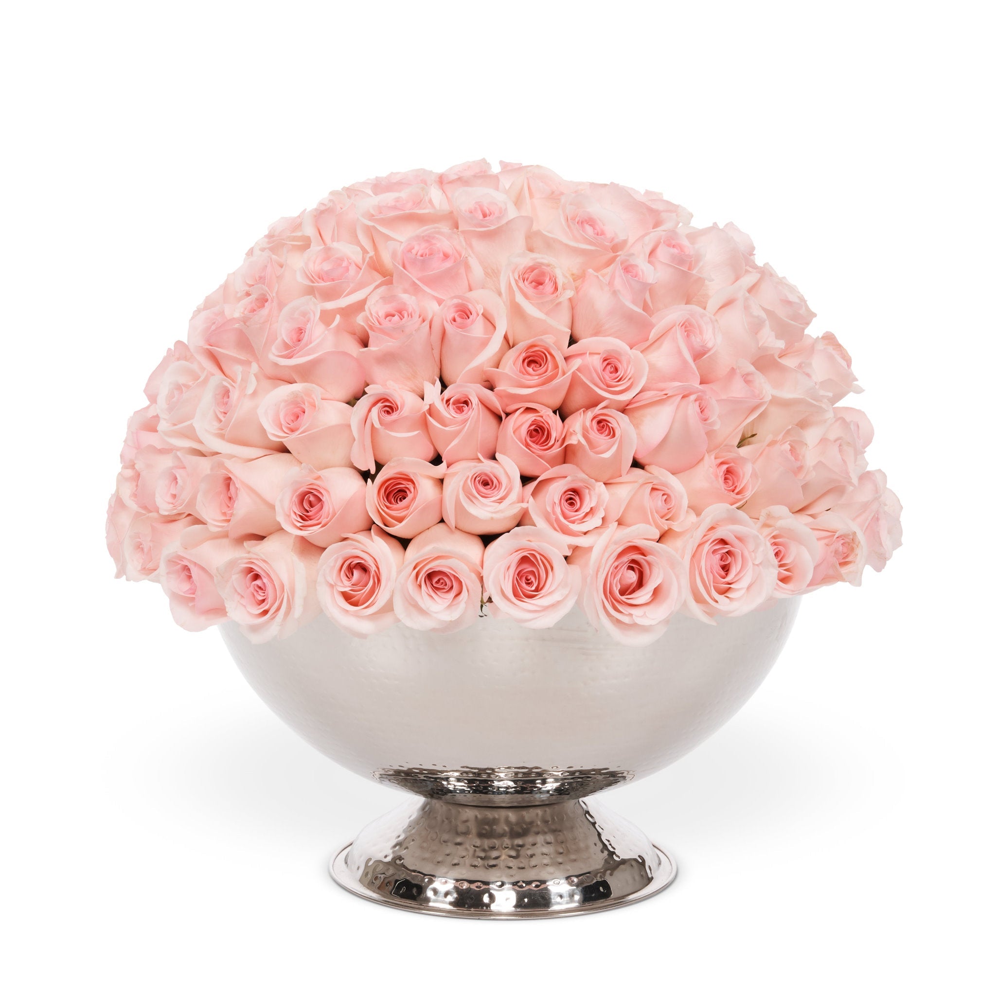 Bouquet of pink roses in a silver vase on a white background