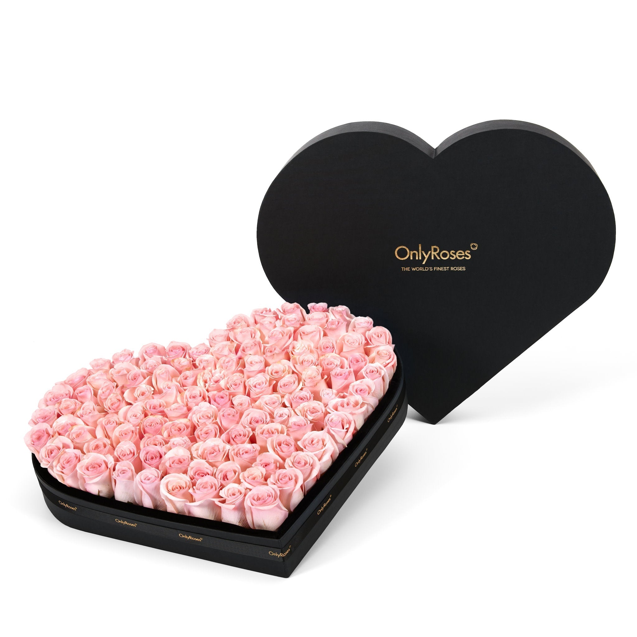Heart-shaped box of pink roses with 'OnlyRoses' branding on a white background L size