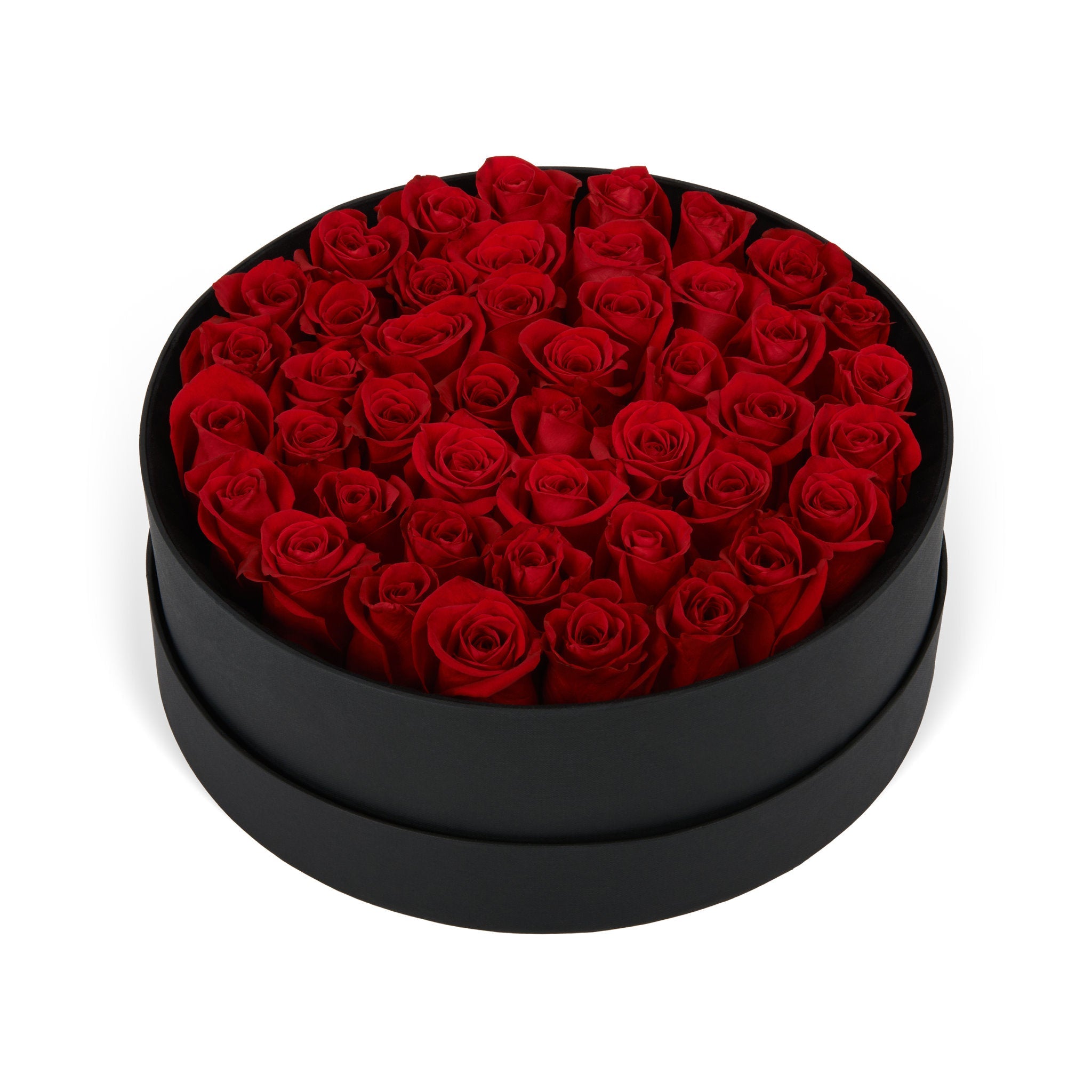 Black round box filled with red roses on a white background