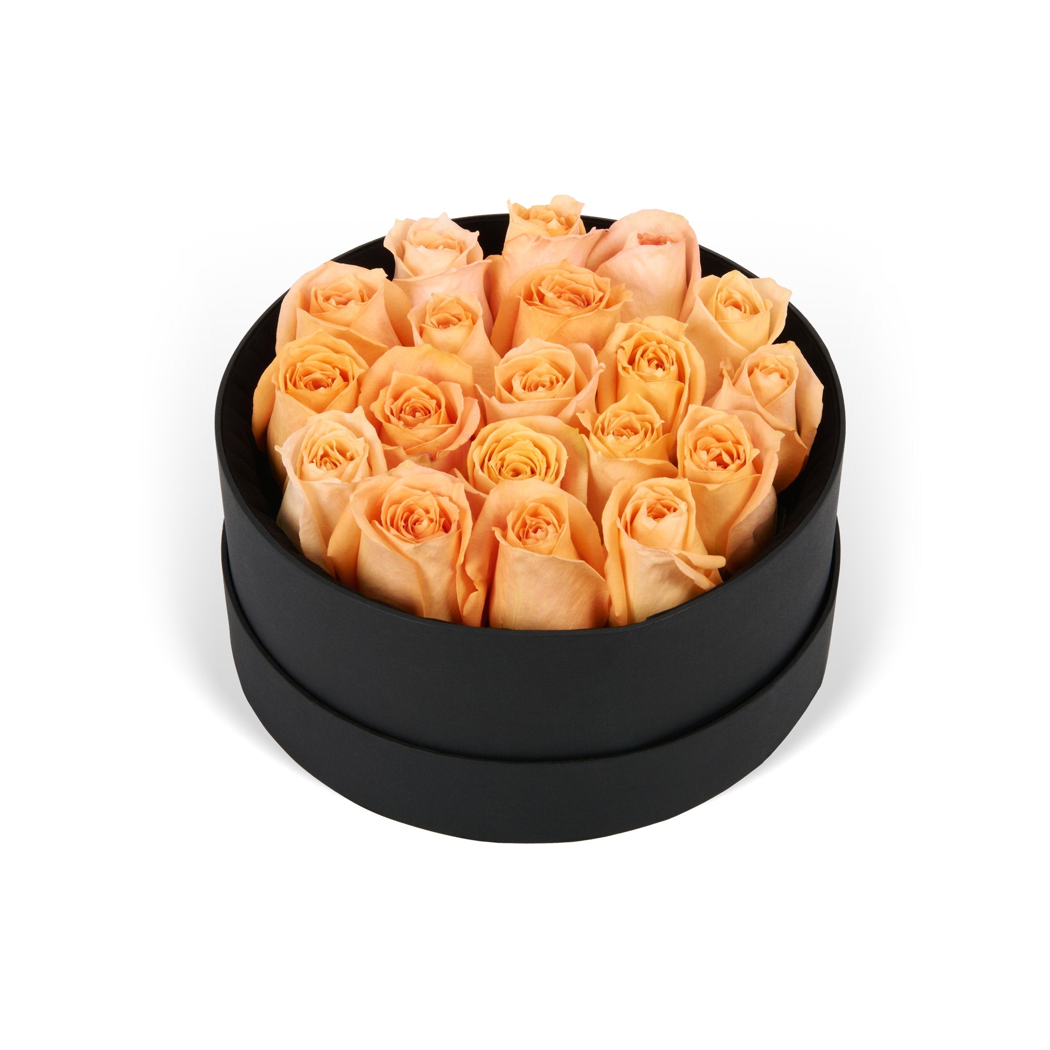 Black round box filled with peach roses on a white background