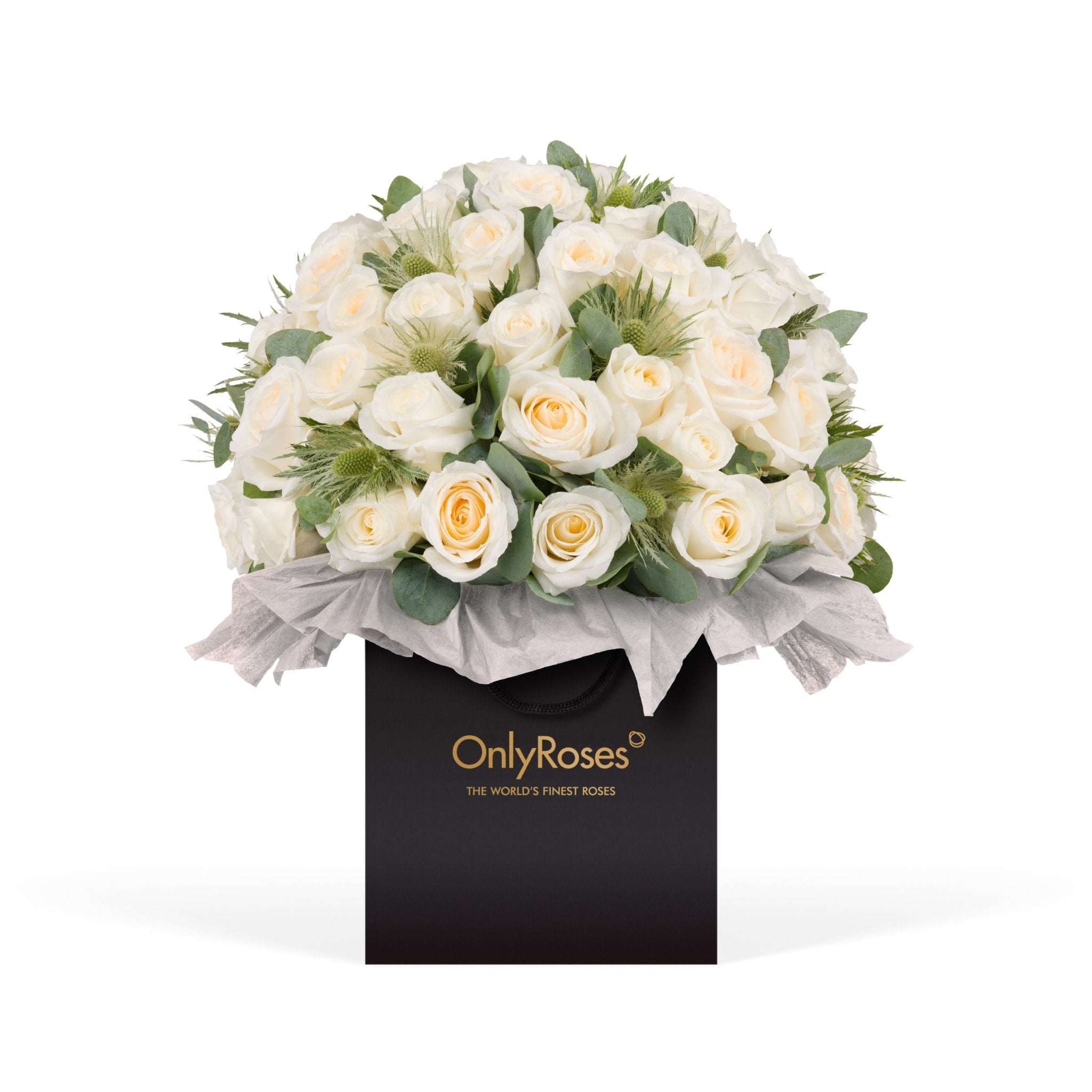 Bouquet of white roses in a box with 'Only Roses' branding on a white background