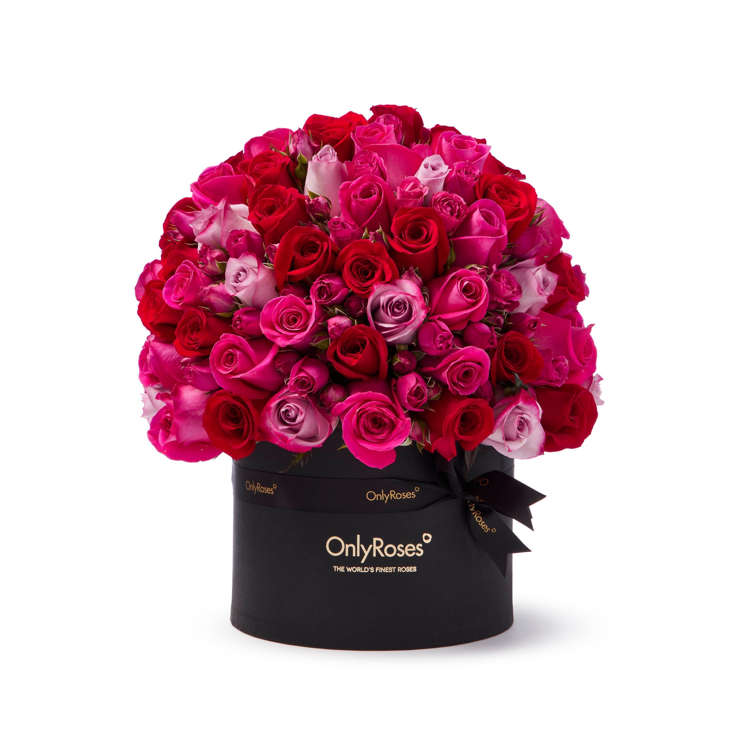 Black box of pink and red roses with 'OnlyRoses' branding on a white background