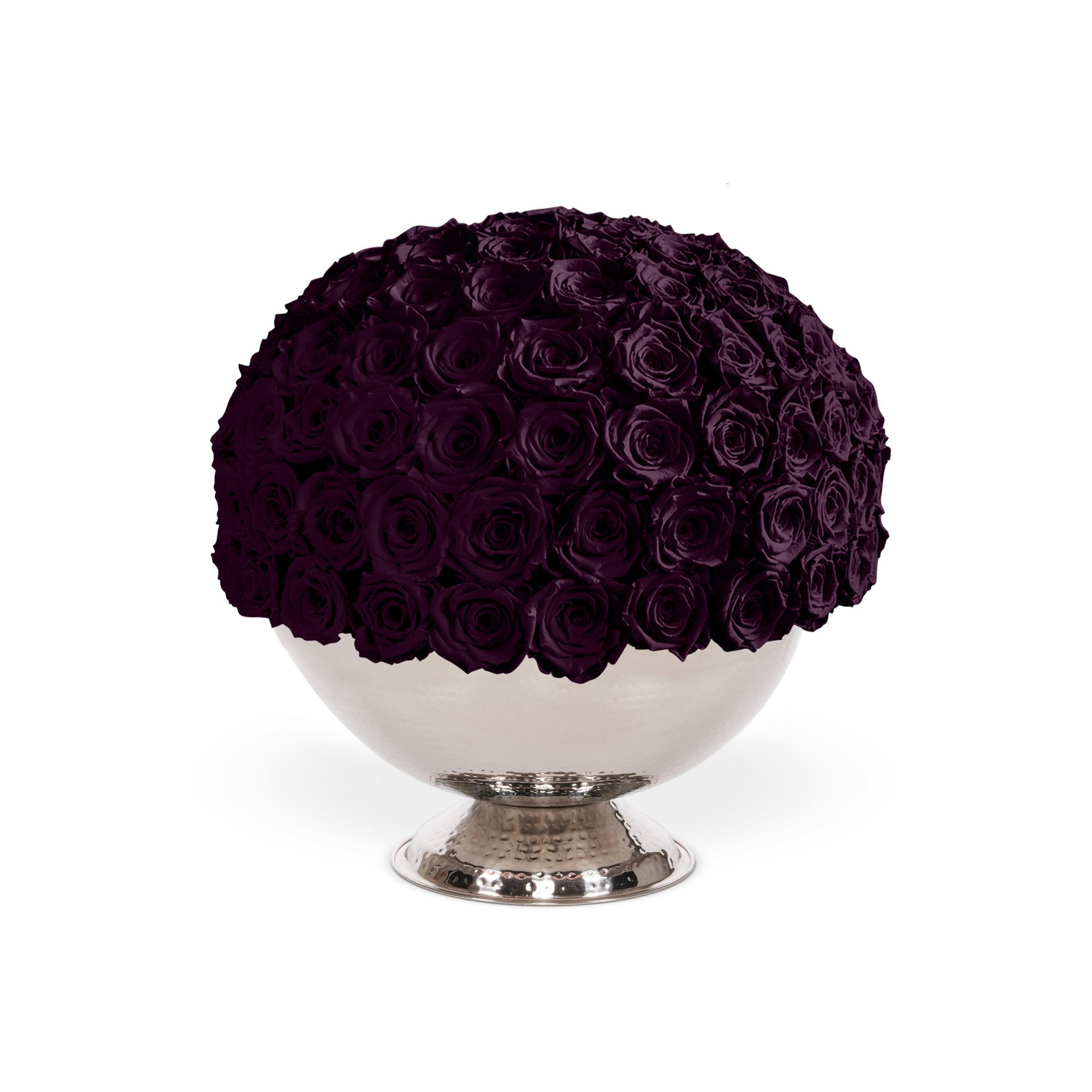 Decorative sphere made of purple roses on a white pedestal against a white background