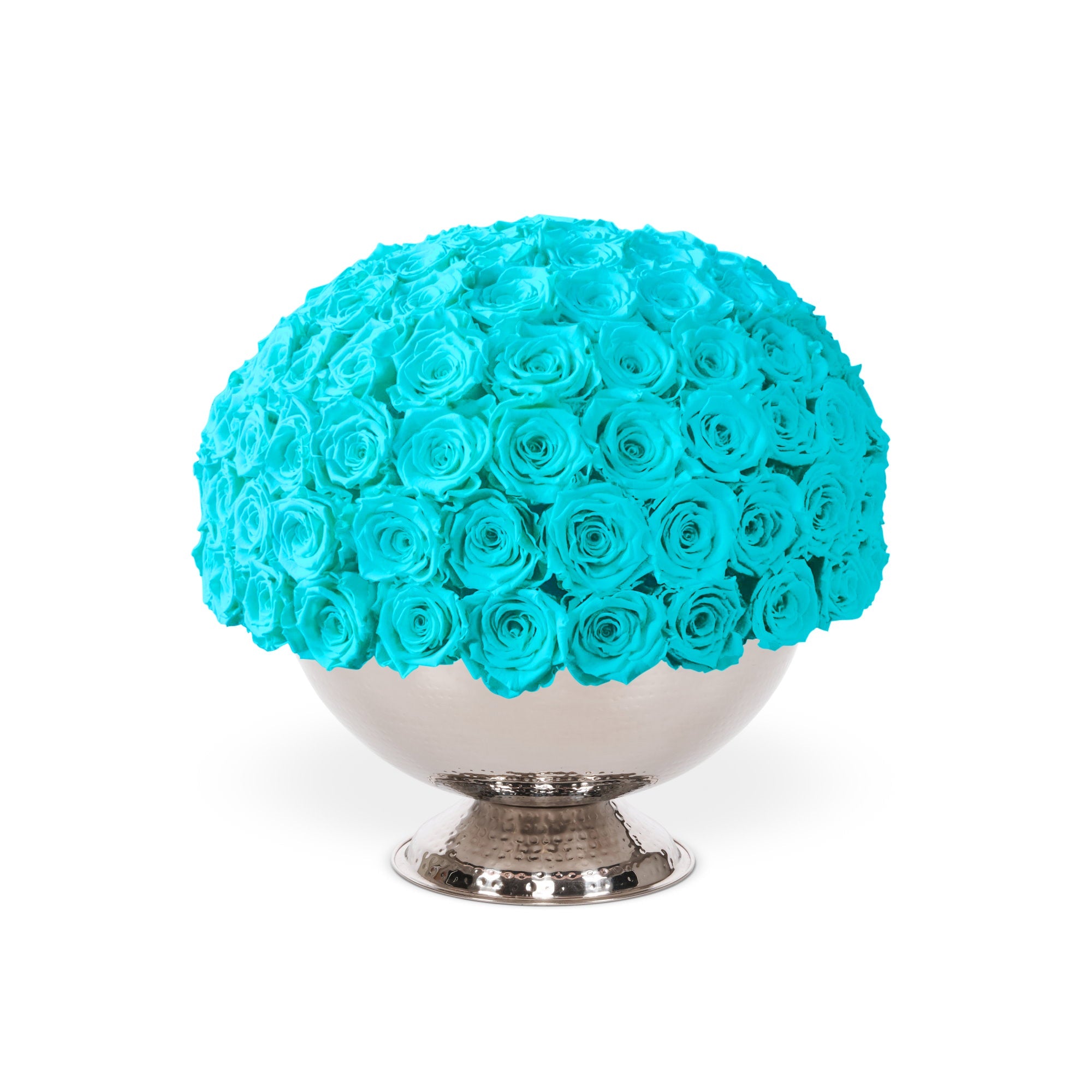 Bouquet of turquoise roses in a silver vase on a white background