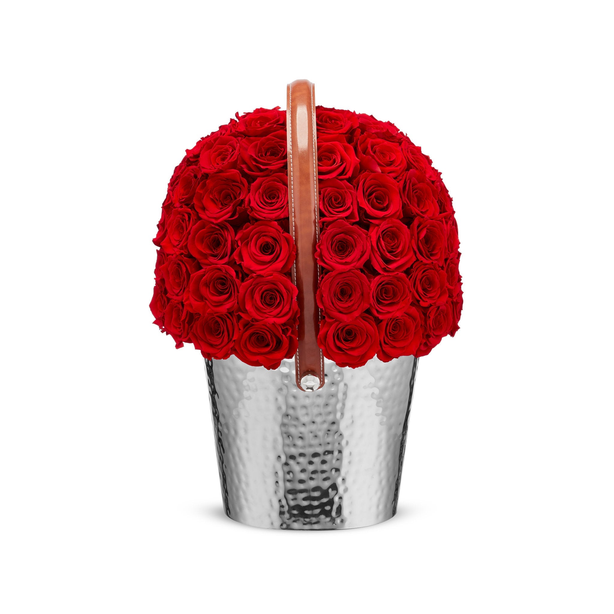Basket filled with red roses on a white background