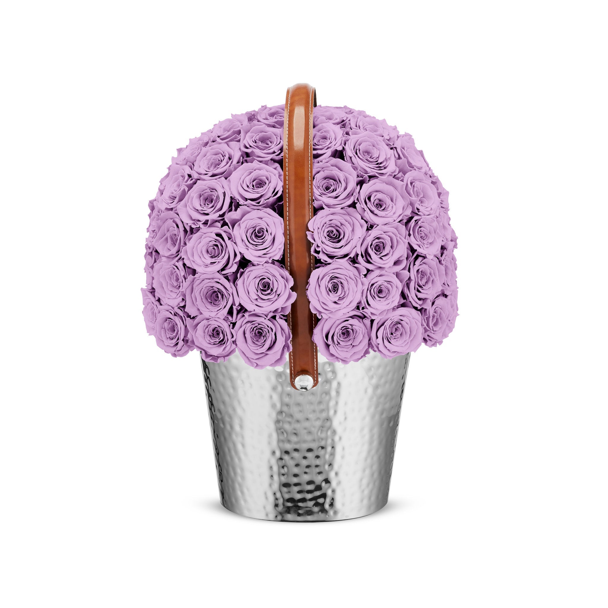 Basket filled with purple roses on a white background