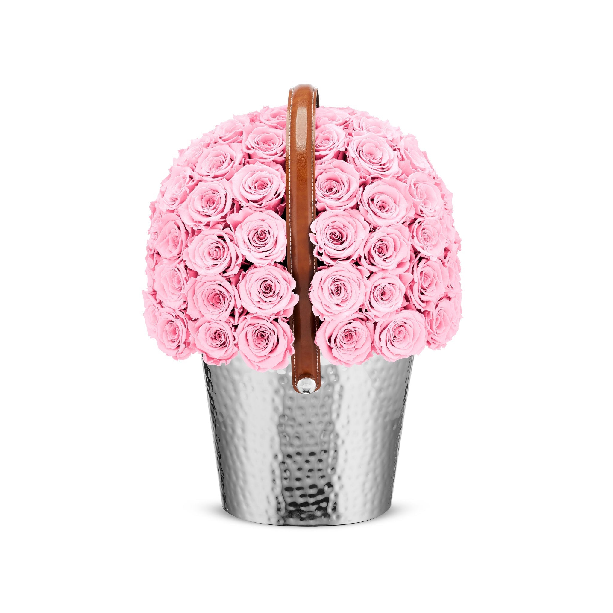 Basket filled with pink roses on a white background