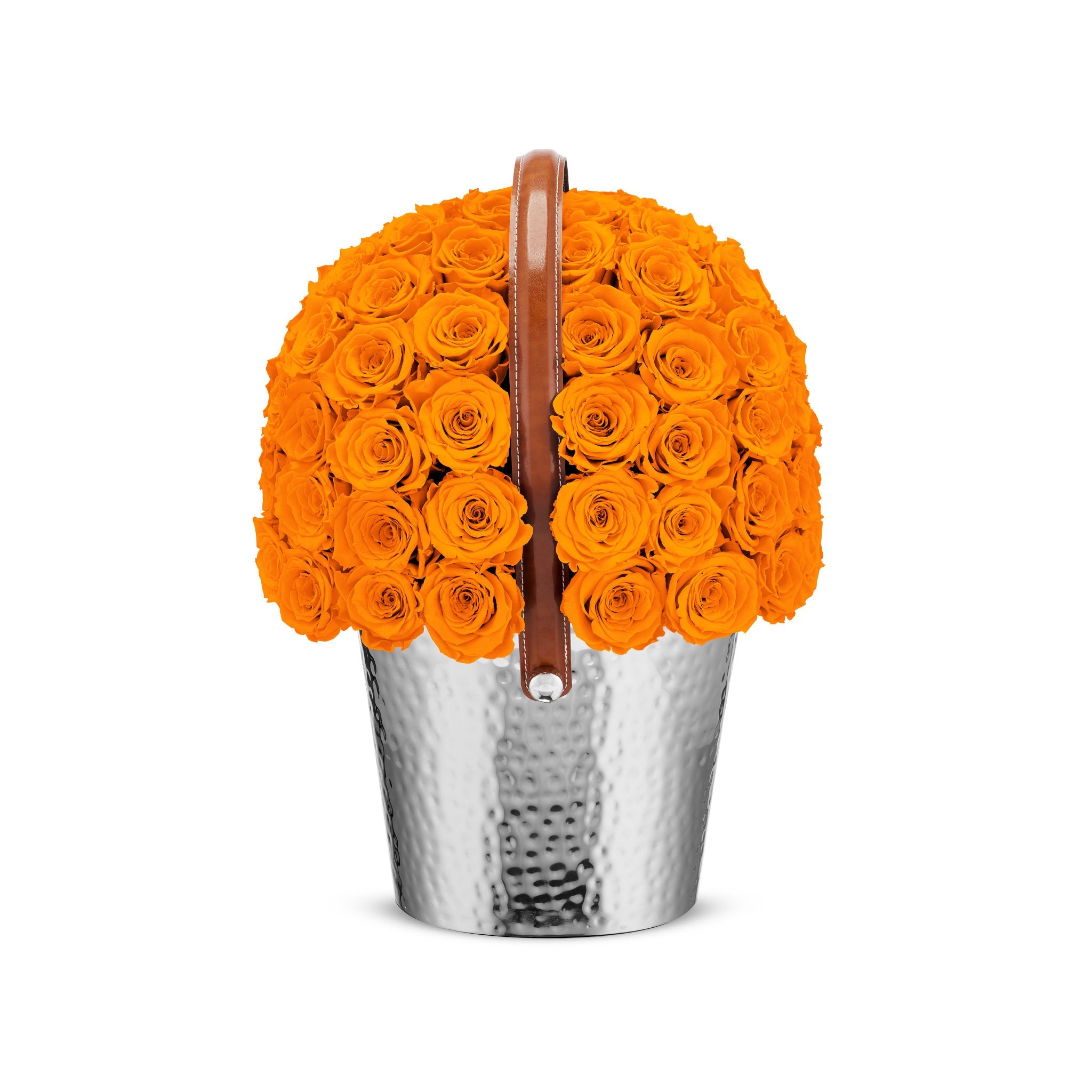 Bouquet of orange roses in a silver metal basket with a brown handle on a white background
