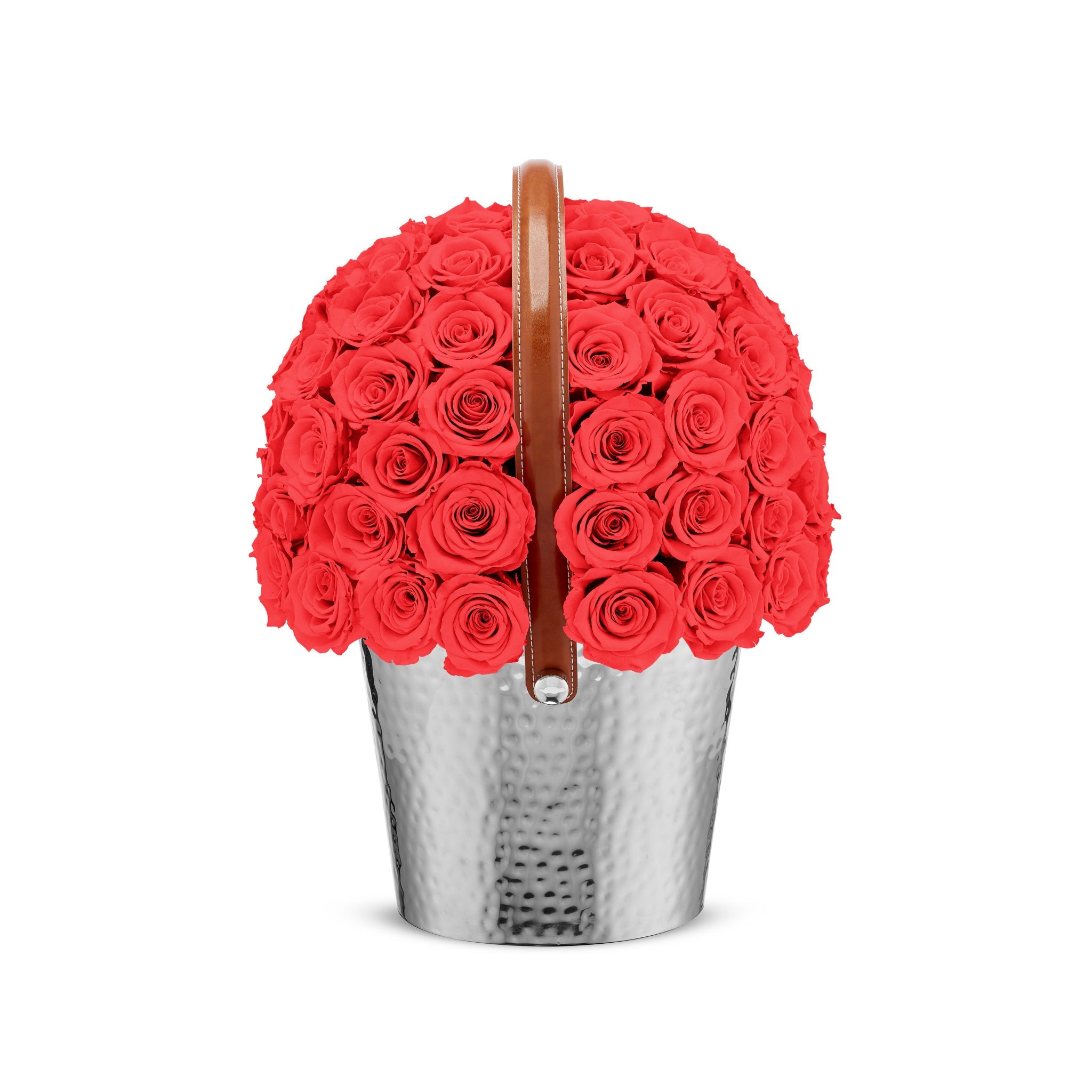 Basket filled with red roses on a white background
