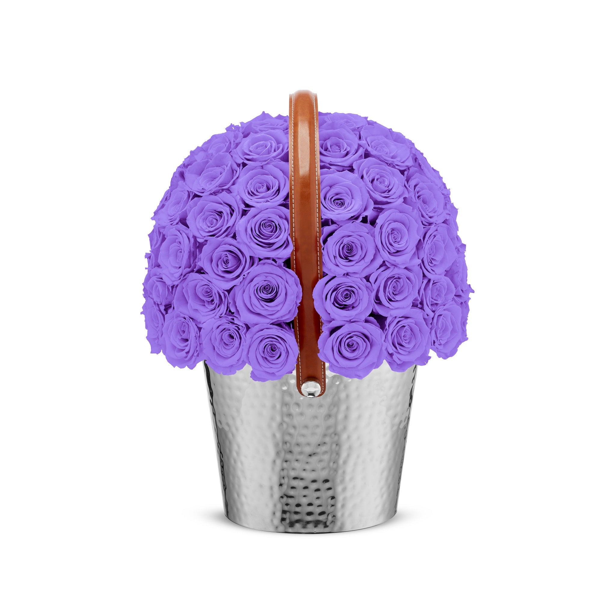 Basket filled with purple roses on a white background